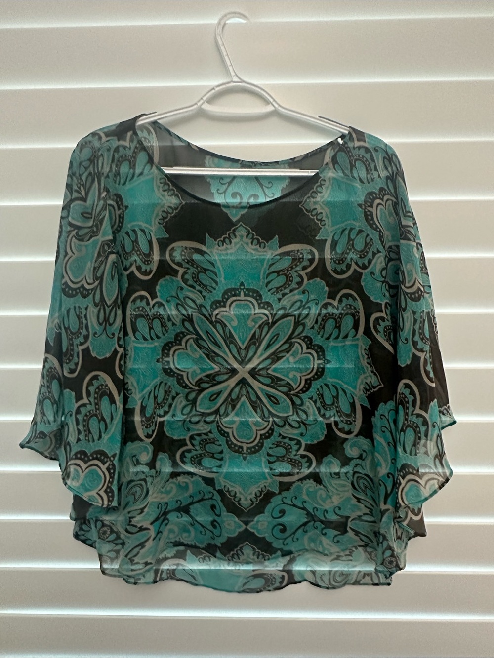 MACYS INC Sheer Teal Medallion Print Blouse - Women's Top